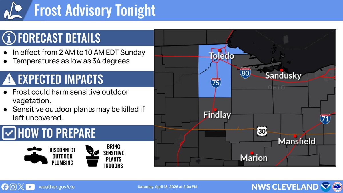 NWSCLE's tweet image. A Frost Advisory is in effect tonight into Sunday AM for portions of Northwest Ohio. A Freeze Watch has also been issued for the entire forecast area Sunday PM into Monday AM. Protect sensitive plants! #ohwx #pawx