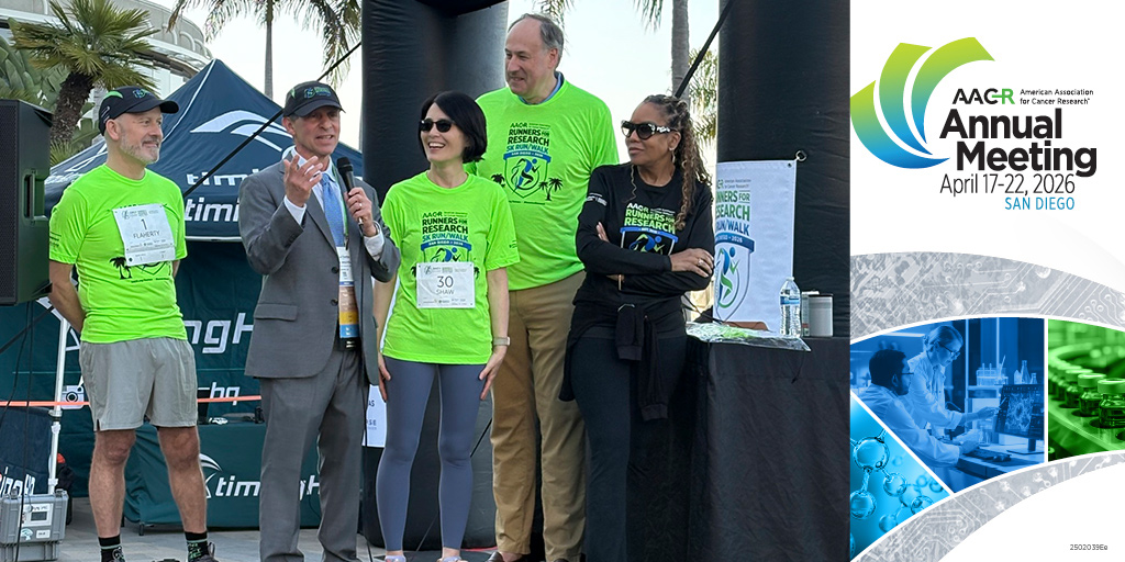 AACR's tweet photo. AACR President-Elect Ketih Flaherty, #AACR26 Co-chairs Paul S. Mischel and Alice T. Shaw kicked off the @AACRFoundation #Runners4Research 5K. More than 1,100 AACR members and local runners joined together to raise over $250,000 to support innovative cancer research. https://t.co/ZBTU0jeJG2