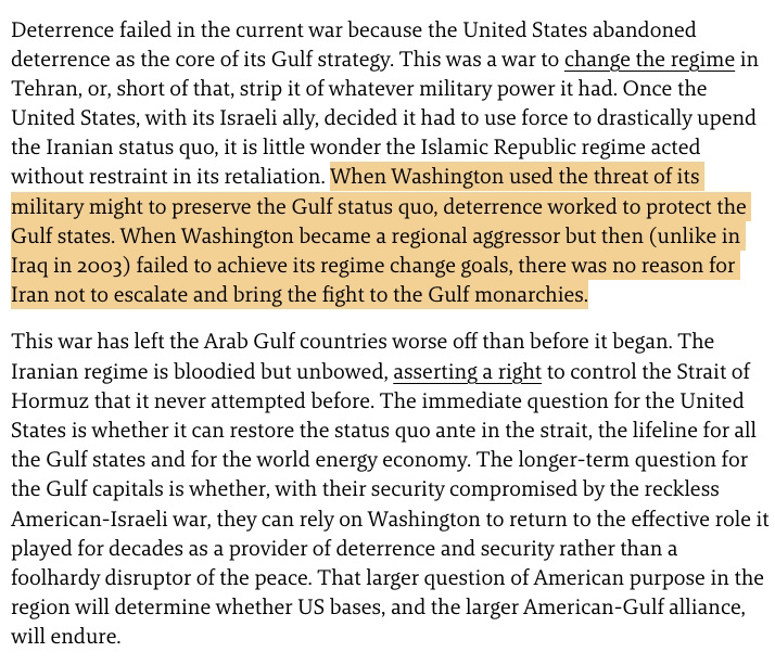 OneVenusThrow's tweet image. With their #security compromised by the reckless US-#Israel war, can the Gulf capitals rely on Washington to return to the effective role it played for decades as a provider of #deterrence &amp;amp; #security rather than a foolhardy disruptor of the #peace?
mei.edu/publication/am…
#Iran