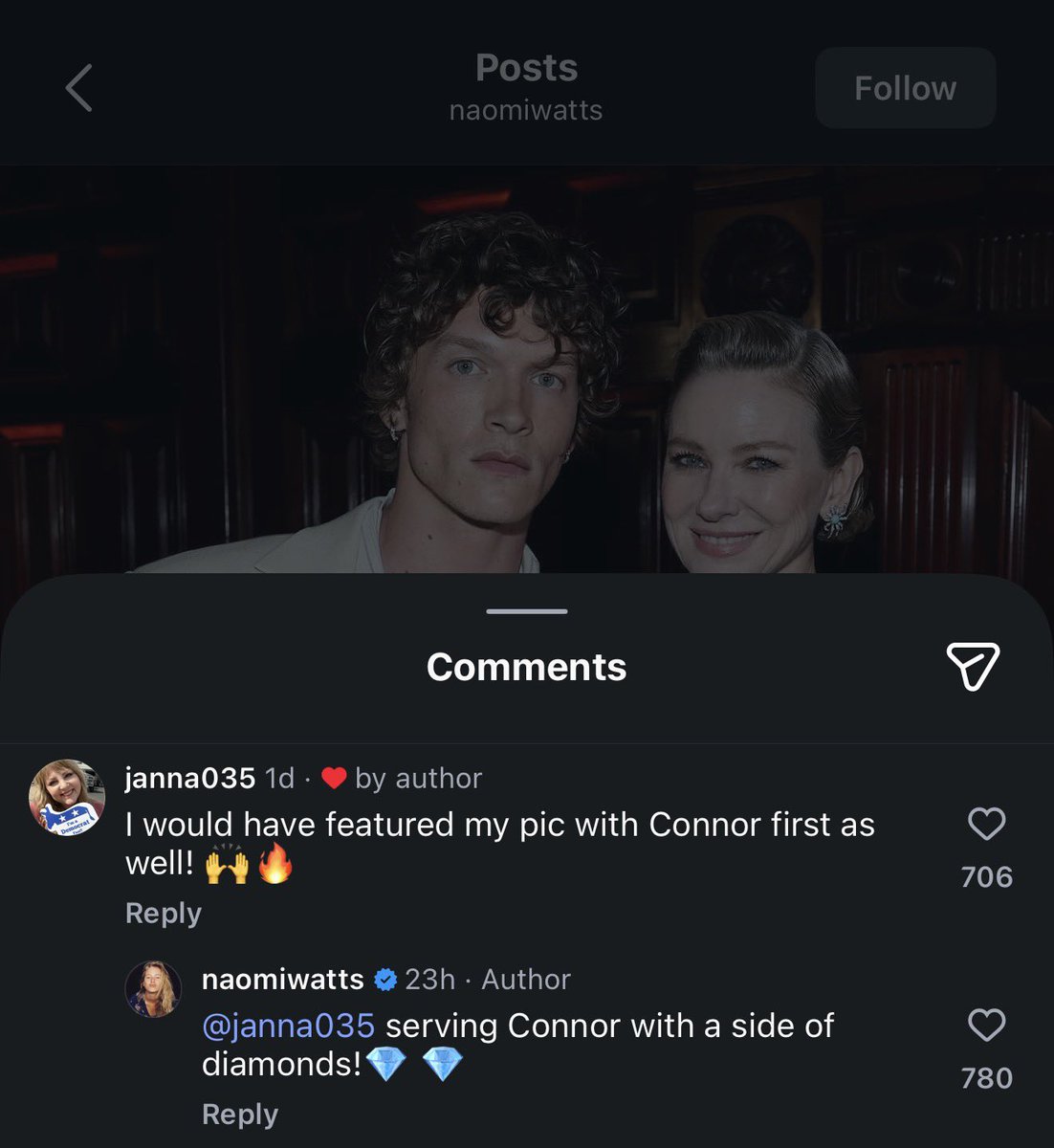 Naomi Watts replied to a comment about Connor Storrie on her post about the Tiffany &amp; Co. Event.

“Serving Connor with a side of diamonds! 💎”

🇪🇸 Naomi Watts respondió a un comentario sobre Connor Storrie en su publicación del evento de Tiffany &amp; Co.:

“Connor arrasando con un
