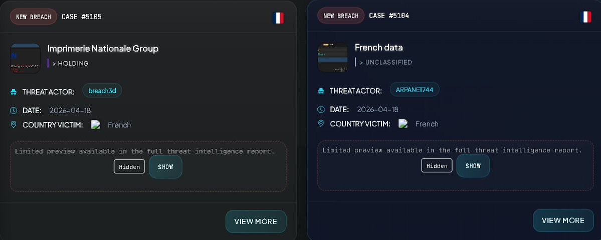 🚨 NATIONAL SECURITY ALERT: MULTIPLE DATA LEAKS (FRANCE) 🇫🇷

A coordinated cybersecurity attack against strategic infrastructure in France has been detected. Two major incidents have been reported simultaneously on threat intelligence forums, affecting both the public sector and