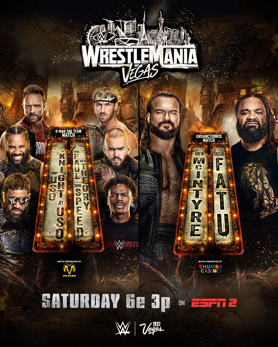 WWE's tweet photo. 🚨 #WrestleMania on ESPN 2 🚨

The FIRST HOUR of #WrestleMania 42 in Las Vegas will air on @espn 2 TONIGHT at 6 ET/3 PT! https://t.co/m2yPDX8c9N