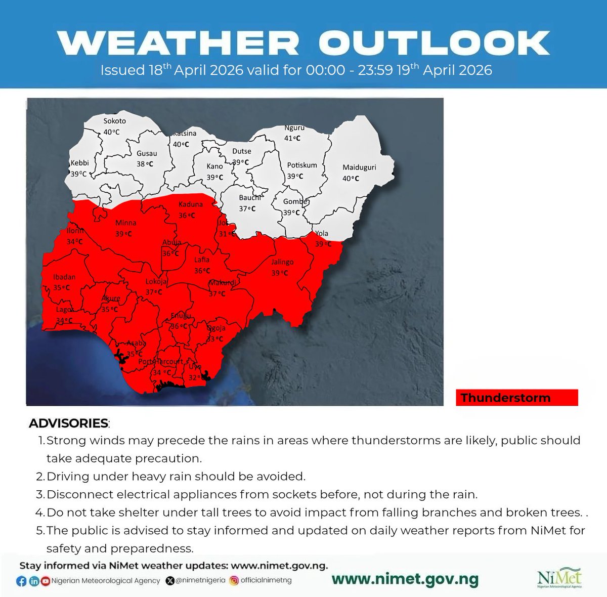 🌦️ SUNDAY WEATHER OUTLOOK – 19 APRIL 2026
📍 NiMet Forecast | Stay Weather-Smart, Stay Ahead

🌍 Northern States: Sunny with Thunderstorms Later

🌤️ Morning:
Sunny skies with patches of clouds are expected across the region, with chances of isolated thunderstorms over:
Taraba

⛈️