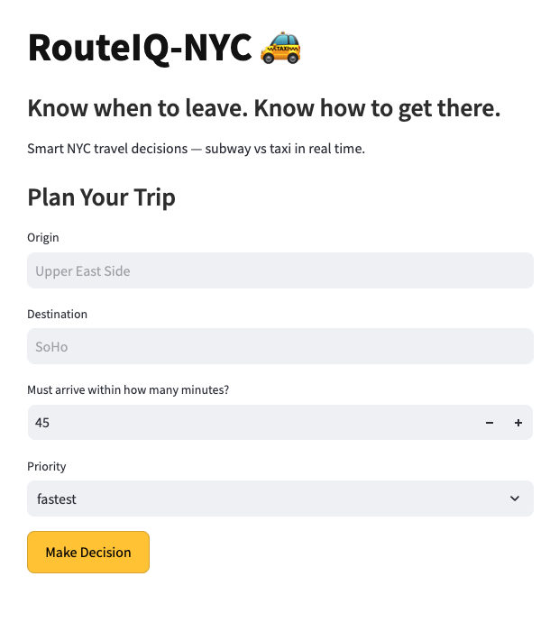 dane_fintech's tweet photo. 🚕 Major upgrade to RouteIQ-NYC:

Swapped simulated travel times for live routing data.

Real addresses → Geocoding → Google Routes API → Decision engine → AI explanation

Subway vs car decisions now update in real time.

🔗 Code: https://t.co/ohWGEMYHQr
🚀 Try it: https://t.co/hmloE5xhpi