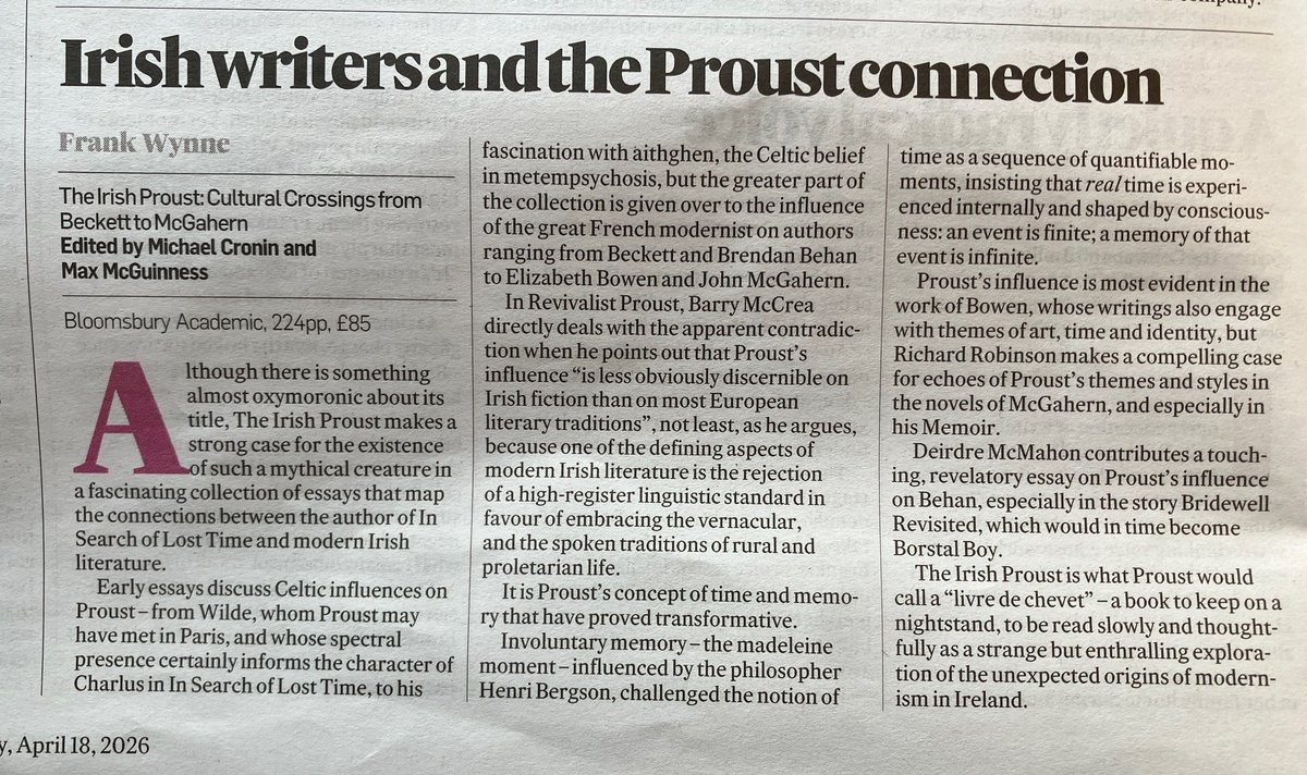 MaxMcGuinness4's tweet photo. Praise for The Irish Proust in today's Irish Times:
'The Irish Proust is what Proust would call a “livre de chevet” – a book  to keep on a nightstand, to be read slowly and thoughtfully as a strange  but enthralling exploration of the unexpected origins of modernism in  Ireland.' https://t.co/9n3q878MoK