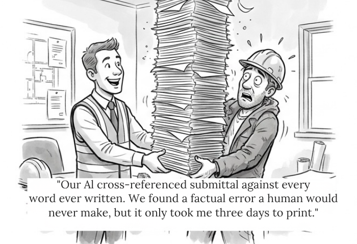 mashi77's tweet image. Tools surface 10x the problems. PMs either spend the week on machine-generated critique or stop taking it seriously. Either way the productivity gain evaporates. #ConTech
