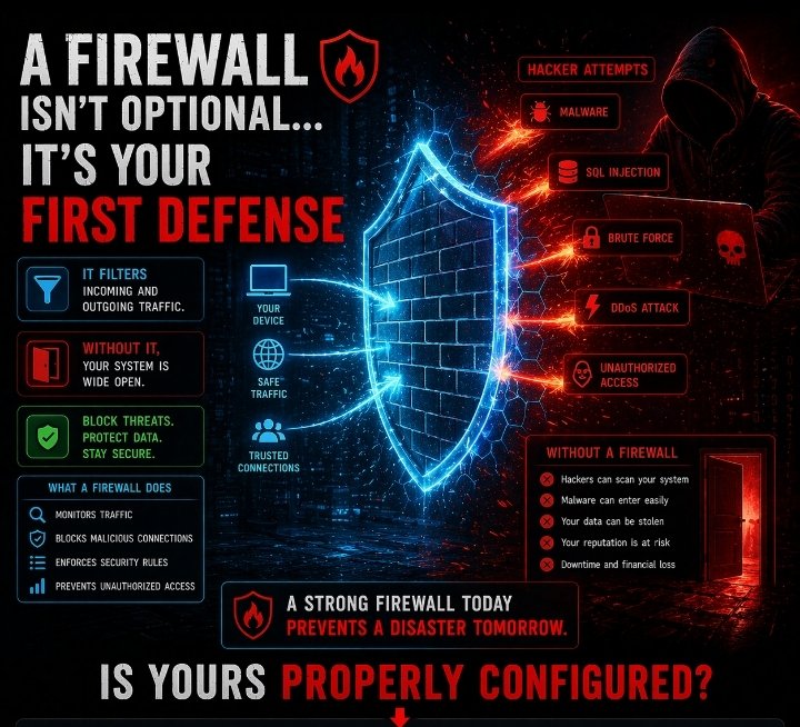 CyberGuru_NG's tweet image. A firewall isn’t optional… it’s your first defense 🔥
It filters incoming and outgoing traffic.
Without it, your system is wide open 🚪
Is yours properly configured?#CyberSecurity #Firewall #NetworkSecurity #InfoSec #StaySecure