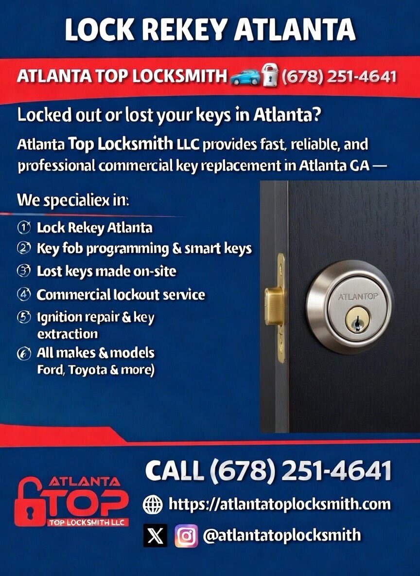 AtlantaLlc's tweet photo. Need a lock rekey or lock change service in Atlanta?

📞 Call us today: (678) 251-4641

📍 Schedule online: https://t.co/17iXaP3JO9

🗺️ – https://t.co/26omkKVdig

#AtlantaTopLocksmith #LockRekey #LockChange #AtlantaGA #HomeSecurity #LocksmithServices https://t.co/jEIYJaOHg3