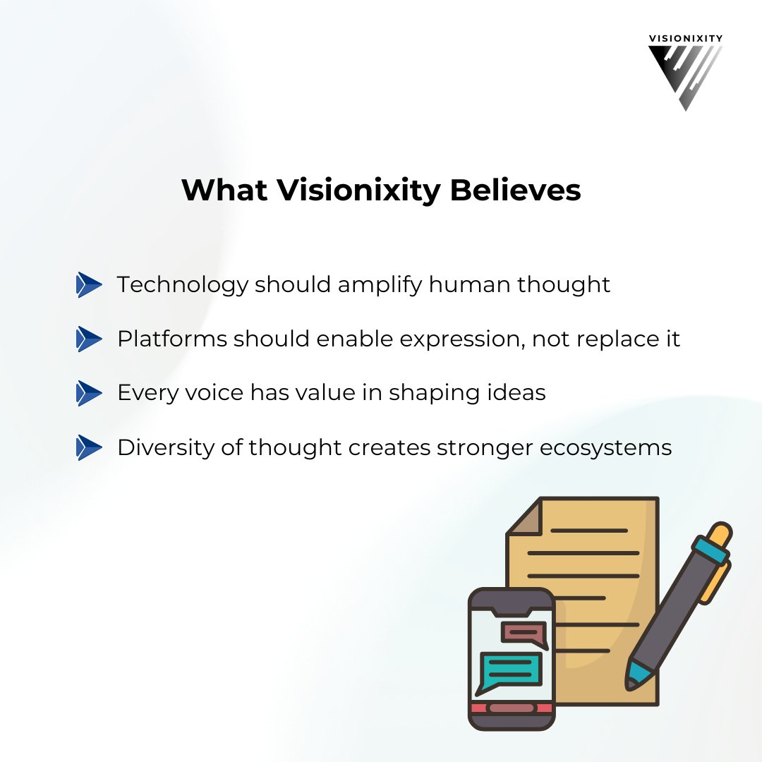 visionixity's tweet image. Content is everywhere, but real perspective is fading.

At Visionixity, we’re opening a space for voices, not just output.

Because ideas matter when they come from people.

#visionixity #contentcreation #thoughtleadership #authenticvoices #techinnovation