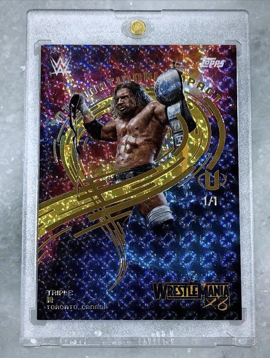 JP3Cards's tweet photo. 2025 Topps Universe International Impact Triple H Foilfractor 1/1

Timely mailday on this WrestleMania Saturday. Love the design &amp; photo choice from HHH’s main event win, capturing the Undisputed Championship at WrestleMania X8 in Toronto - nice touch including the logo, too. https://t.co/gsR5d4Xidz