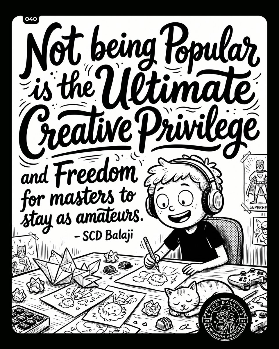 scdbalajiart's tweet image. "Not being Popular is the Ultimate Creative Privilege and Freedom for masters to stay as amateurs."
- SCD Balaji

Explore more quotes and thoughts at scdbalaji.art/quotes
.
.
#creativewriting #popularity