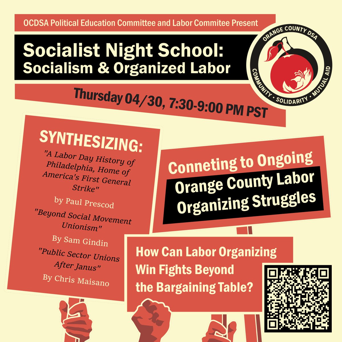 🎓 Time to put on our thinking caps... and our union buttons! 👷‍♀️

Socialist Night School: Socialism &amp; Organized Labor

Let's learn, discuss, and organize.

Thursday, April 30th, 730 - 9:00 PM PT

📸 Scan the code or hit the link in our bio 🌐