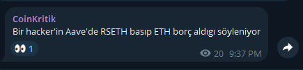 coinkritik's tweet image. #Aave'de hack var birkaç dakika önce duyurduk tlgram'dan $AAVE o dakikadan sonra %6'dan fazla düştü toplamda bugün %11 civarı düşüş yaşadı. Hacker $RSETH basıp $ETH borçlanıyor o yüzden $ETH de etkilendi. Kanal gizli bu arada başka kanala girmeyin.