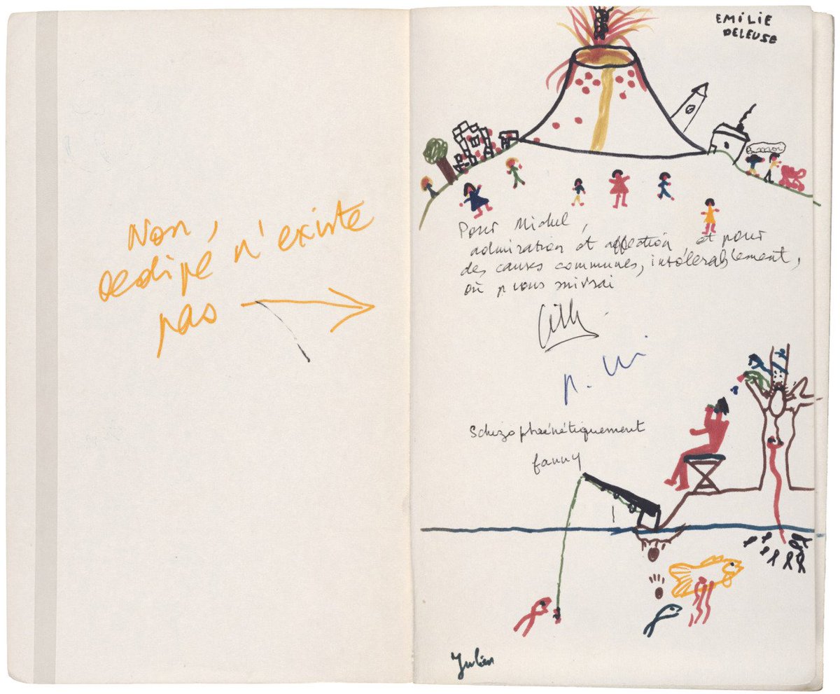 "No, Edipo no existe". Ejemplar de "L'Anti-Œdipe" (1972) de Gilles Deleuze con dedicatoria a Michel Foucault y dibujos de los hijos de Deleuze.