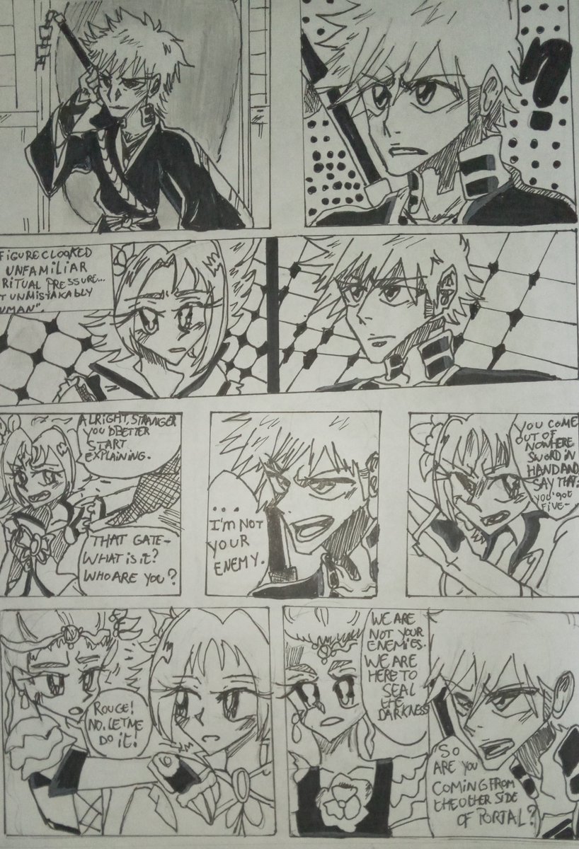 MCSsolertix1997's tweet photo. Last July, I created a crossover manga between Pretty Cure and Bleach.

At first, I thought I'd run out of ideas for the others, but I stopped because I lost motivation. (It's only 7 or 8 pages long.) 
#prettycure #bleach #artshare #artmoots #traditionalart #crossover https://t.co/7yPpFbRfz4
