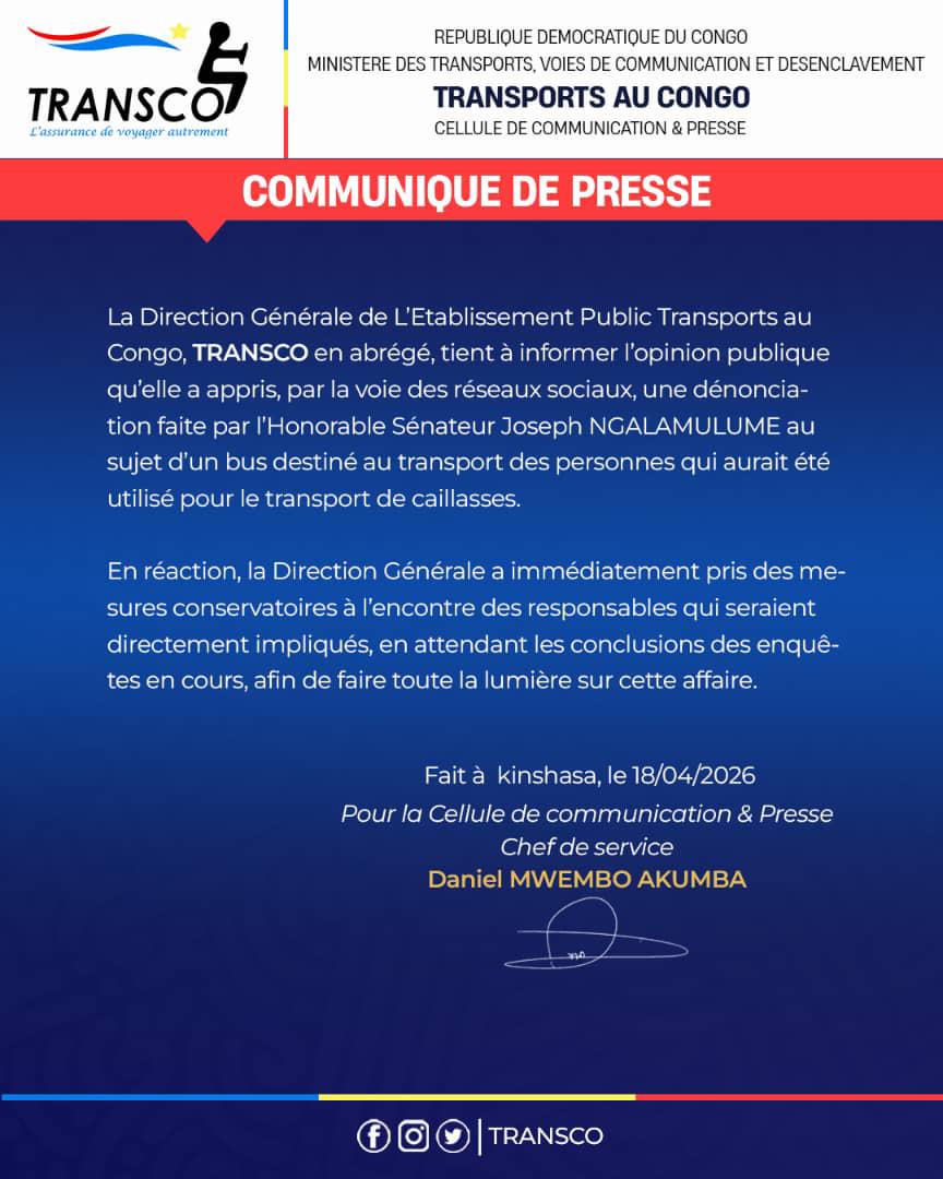 🚨🚨🚨🚨🚨🚨
Communiqué de presse de la direction générale <a href="/transcordc/">Transco RDC Officiel</a>
<a href="/CKilubu/">JEREMIE KILUBU M</a> 
<a href="/bembajp/">Jean Pierre Bemba</a> 
<a href="/SuminwaJudith/">Judith SUMINWA TULUKA</a> 
<a href="/Presidence_RDC/">Présidence RDC 🇨🇩</a>