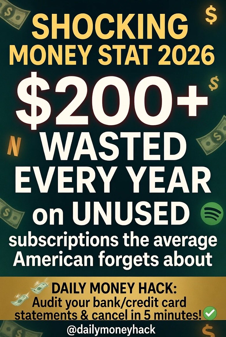 dailymoneyhack's tweet photo. 🚨 $200+ wasted every year on subscriptions you forgot about? 😱
The average American is bleeding cash on unused apps, and services and most don’t even realize. 💰 #MoneyHack #SaveMoney #Subscription https://t.co/LR8N15uSw6