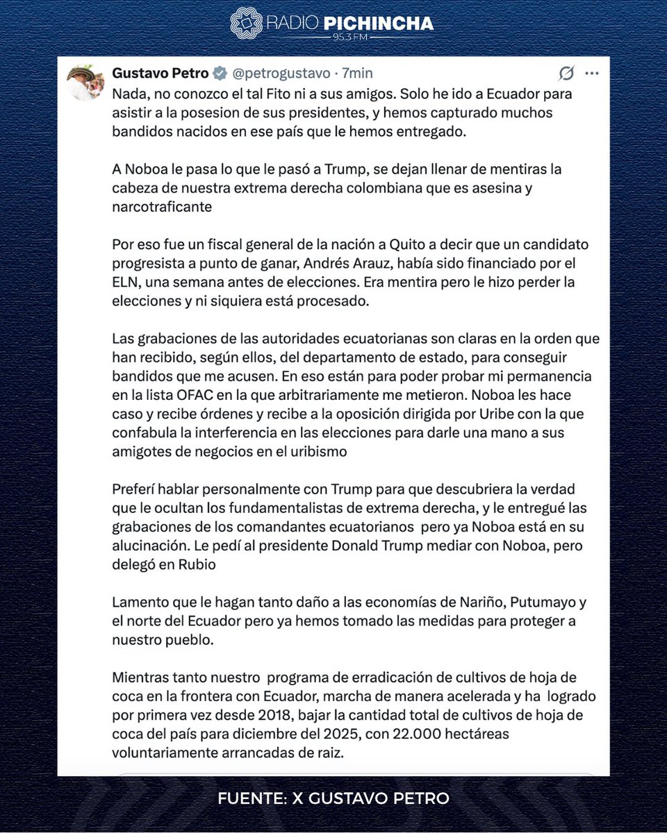 radio_pichincha's tweet image. 🛑#Atención | El presidente de #Colombia, Gustavo Petro, respondió a las críticas de Daniel Noboa y negó vínculos con estructuras criminales. Petro también rechazó conocer a alias “Fito” y defendió su gestión en seguridad, asegurando avances en la erradicación de cultivos