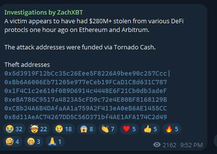 coinkritik's tweet image. Son dakika #Aave'den 280m dolar çalındı. Zach az önce açıkladı. Hacker parayı Tornado cash'e gönderdi. #Ethereum ve #Arbitrum'dan çeşitli #Defi olarak söylüyor ama Aave'den olmalı büyük miktarı.