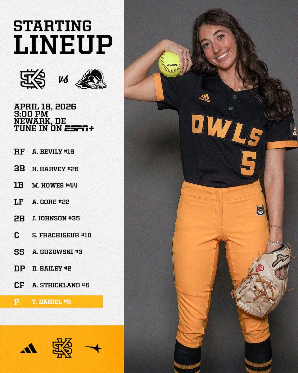 KSUOwlsSB's tweet image. Game 1 Starting Lineup ‼️

🆚 | Delaware
⏰ | 3:00 PM 
📺 | tinyurl.com/nkbvu729 
📊 | tinyurl.com/mta6938n

#HootyHoo 🦉 | #LevelUp