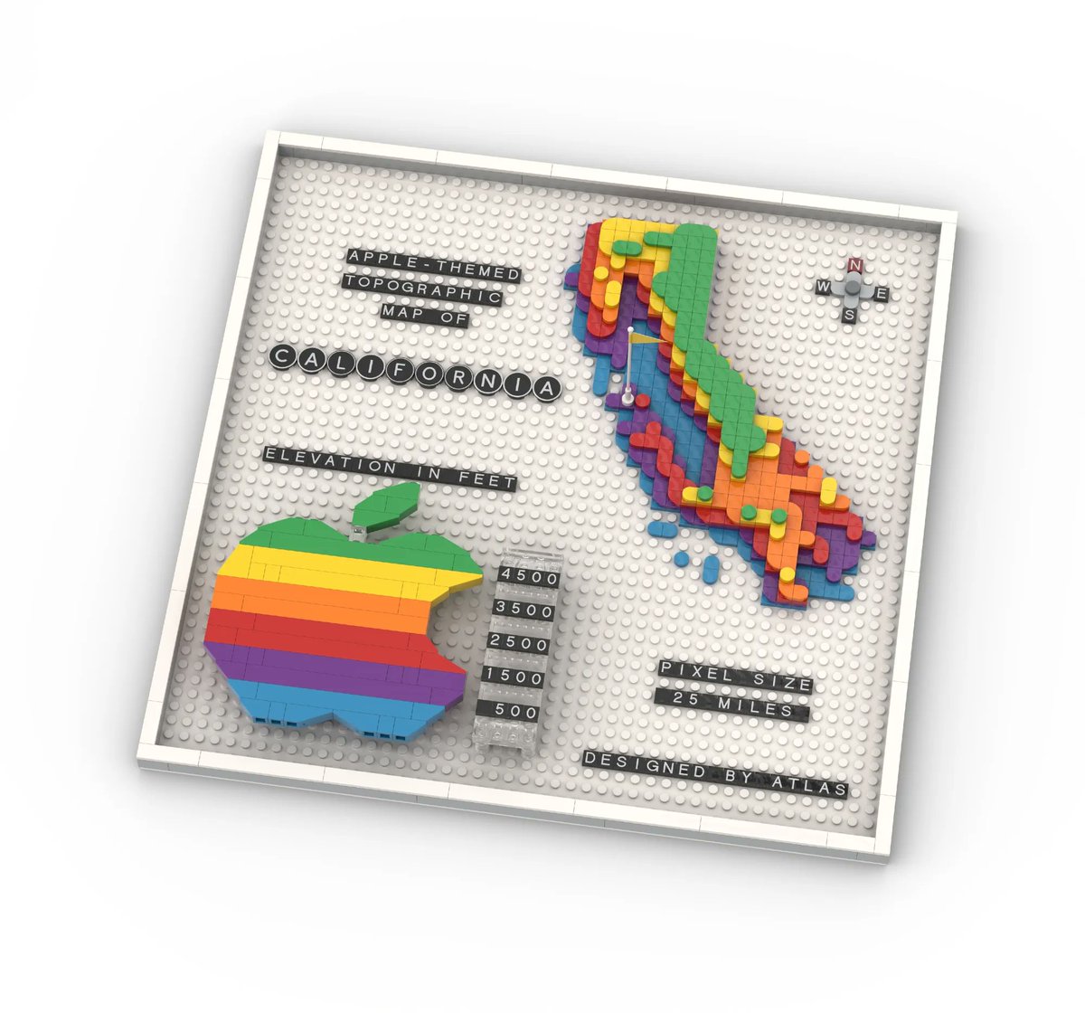 CartoGuophy's tweet image. #Apple was founded on April 1, 1976. Its rainbow logo became one of the most iconic symbols in computing history. Last summer, I created an Apple-themed topo map of #California, now I redesigned it as a #LEGO model, as a cartographic tribute to celebrate #Apple50 birthday.🍎🌈🗺️