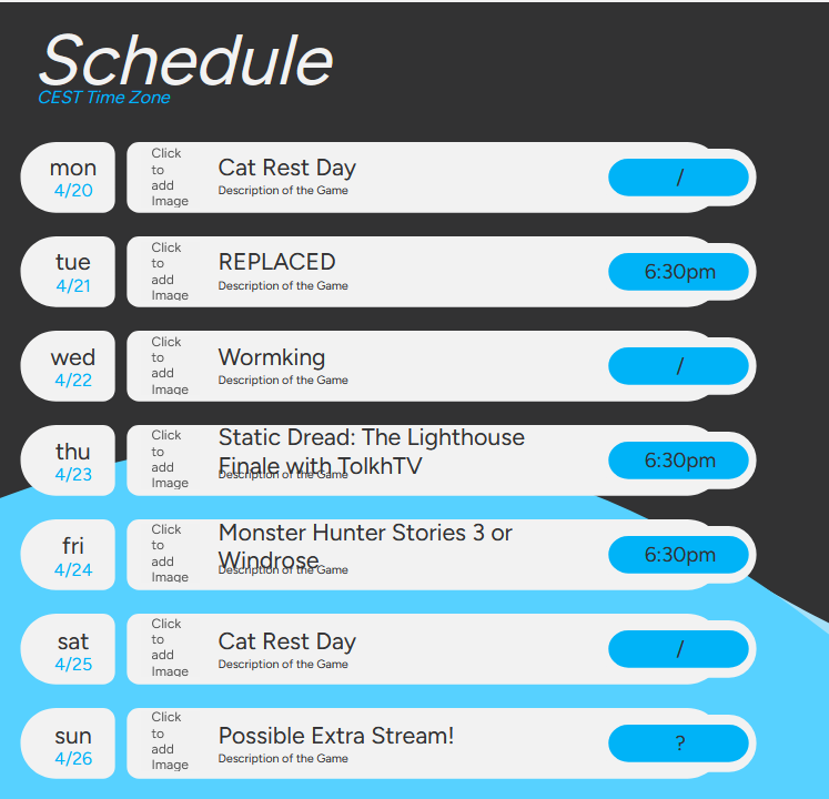 Yeoden's tweet image. Schedule for next week!

A bit lighter week, but should have a lot of fun streams!

There's a high likelihood of a Sunday stream due to Monday being a holiday, but I'll see how beat up I'll feel from a week of work!

Hope to see you regardless!

#vtuber #schedule
