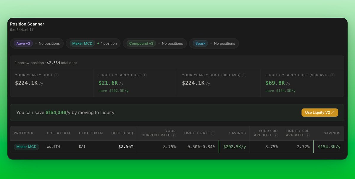 Here's my vibing project.

Are you borrowing stables?
Then you can save money with Liquity.

How much?
Glad you asked - use rate comparooor to check.

Link below.