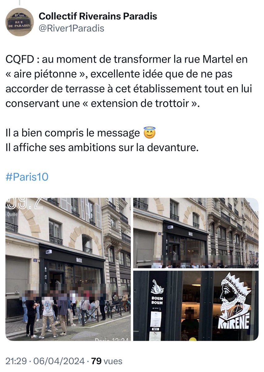 River1Paradis's tweet photo. Avis aux habitants de la rue Martel 👀 qui sont persuadés que « l’extension de trottoir », au droit du seul établissement 🥂qui n’avait pas de terrasse, vise uniquement à « protéger » les piétons dans une rue « mise en aire piétonne » (sic)
Rue aux écoles, rue à picole⁉️
#Paris10 https://t.co/VMg2nZ6wDA