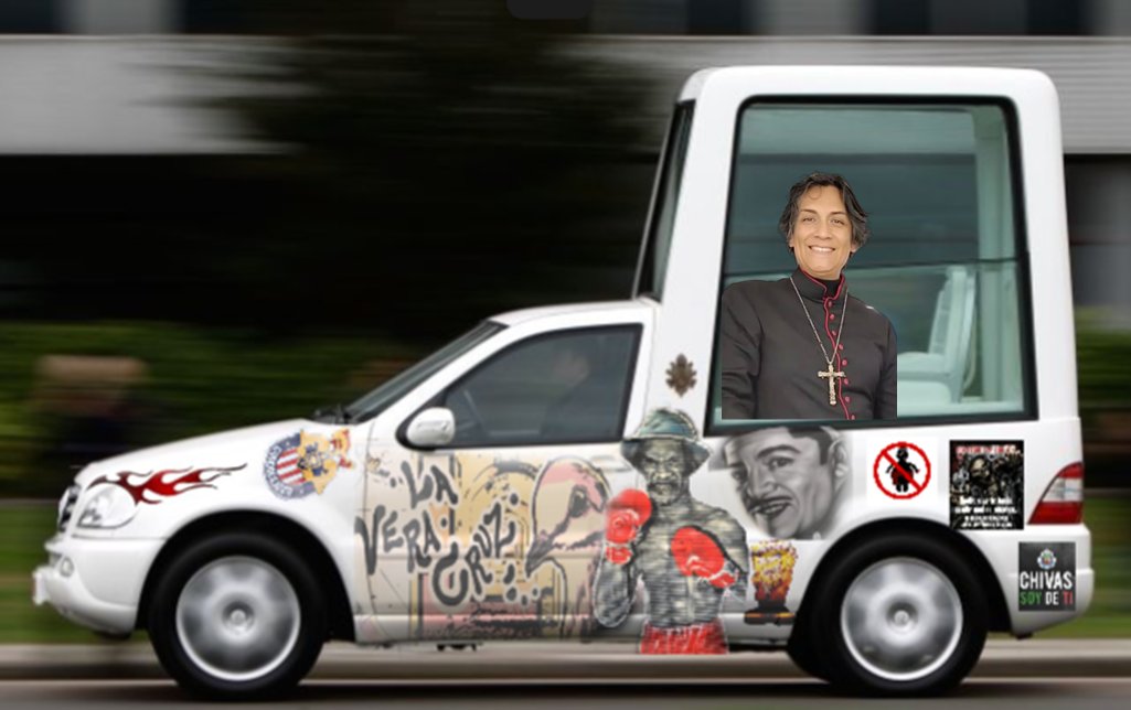 Simptellitto's tweet photo. "No seas ridículo, Tedesco. Vincent comprende y respeta nuestra tradición tan bien como cualquiera, si acaso, su herencia mexicana le permite apreciar mejor el papado."

El papamobil bien tuneado por vincent: https://t.co/rW5uTIEy31
