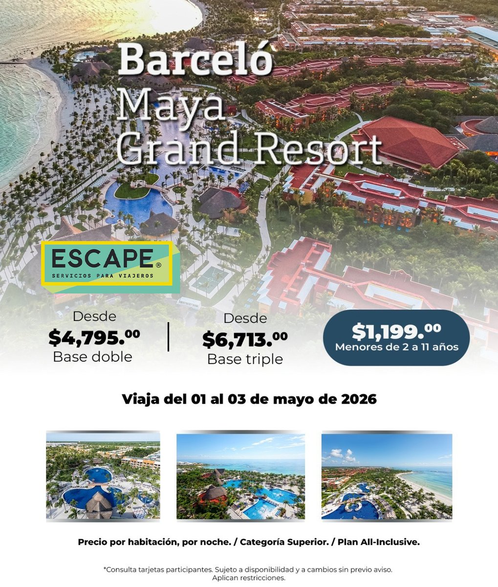 escapeviajeros's tweet image. BARCELO MAYA GRAND 1-3 MAYO
Reserva, ya! Informes:𝟗𝟗𝟗 𝟐𝟒𝟔 𝟐𝟎𝟕𝟐 #ViajarEsVivir #Viajar #Foto #Feliz #Verano #Instalike #selfie #music #sonrie #Estilo #felizSabado
