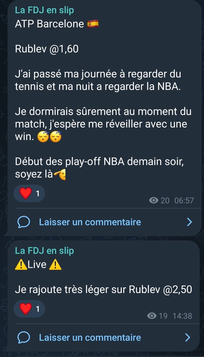 Continuez à dormir ici 😴😴 

Et nous on continue de régaler les gens sur telegram 🫡.

Quand vous serez décider à évoyer des ❤️ peut etre qu'on vous fera gagner de l'argent aussi.

Rublev <a href="/1/">1</a>,60✅️
Rublev <a href="/2/">A 2-loop</a>,50✅️ (Live)

#TeamParieur