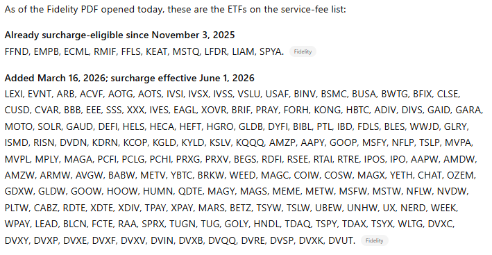 MebFaber's tweet photo. Many have commented, "Yeah, but this doesn't affect ME, who cares? Just don't buy the funds."

Look, it doesn't affect me either. But it will impact millions of unsuspecting retail individuals who own these and have never heard of a $100 service fee, and that's just wrong.

Many have also commented, "It's only a small list of garbage funds." Well, take a look at all the funds being added in a few weeks... there are many funds on there with hundreds of millions & billions in AUM.

Astronomically stupid.