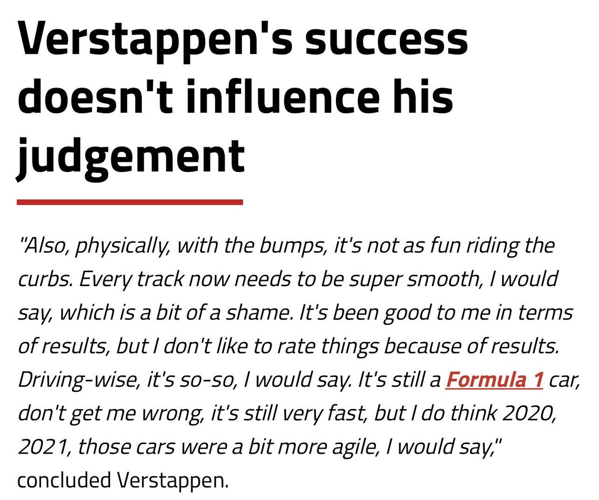 4th_Line_Banger's tweet photo. @opened0512 @rayontrack Do you think there was some drastic change in cars between ‘22-‘23? The quote I posted is from Russell in the same breath as the porposing. The article I posted is Max saying the same thing George did about the cars in his most dominant season. https://t.co/wdqKezWUmv