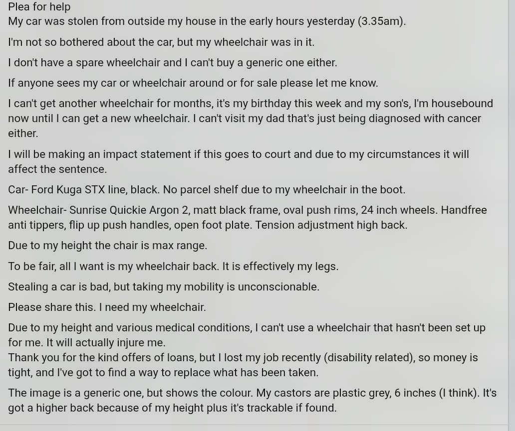 My car with my wheelchair inside was stolen from outside my house, yesterday at 3.35am. 
If you live in Birmingham UK, please share. 
#DisabledLife
#Wheelchair