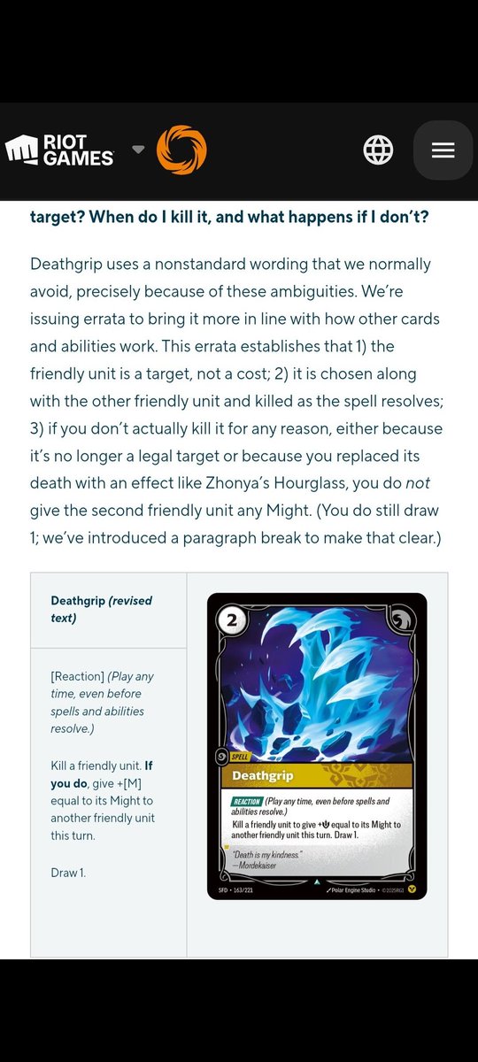 Maskert_Fabre's tweet photo. So, we just saw a player in Lille asking to a judge  if you could use deathgrip+ GA, and they let it happen

We do even have a FAQ about that errata, they seriously need to improve judge level in the next regional Riftbound tournament...

#FreeGrip https://t.co/Ty6Caymeuk