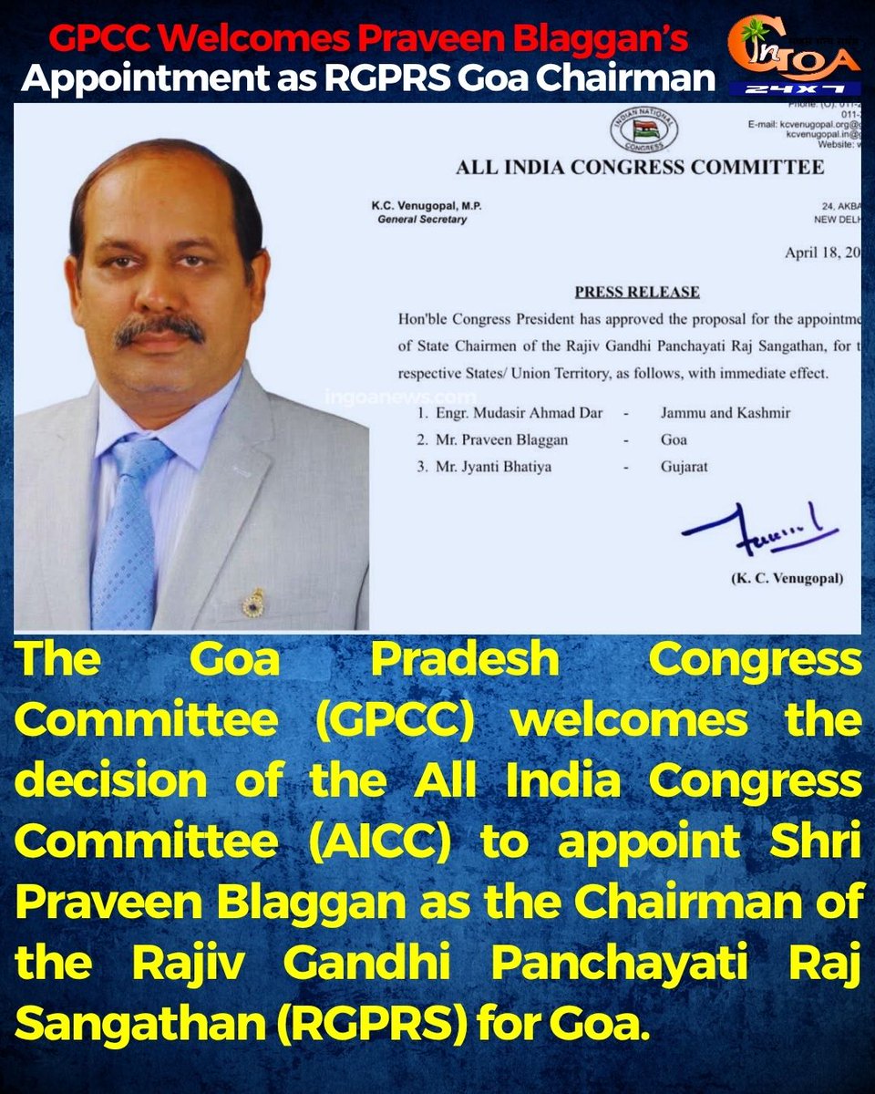InGoa24x7's tweet image. GPCC Welcomes Praveen Blaggan’s Appointment as RGPRS Goa Chairman

#InGoaNews #Goa #Congress #GPCC #PraveenBlaggan #RGPRS #GoaPolitics