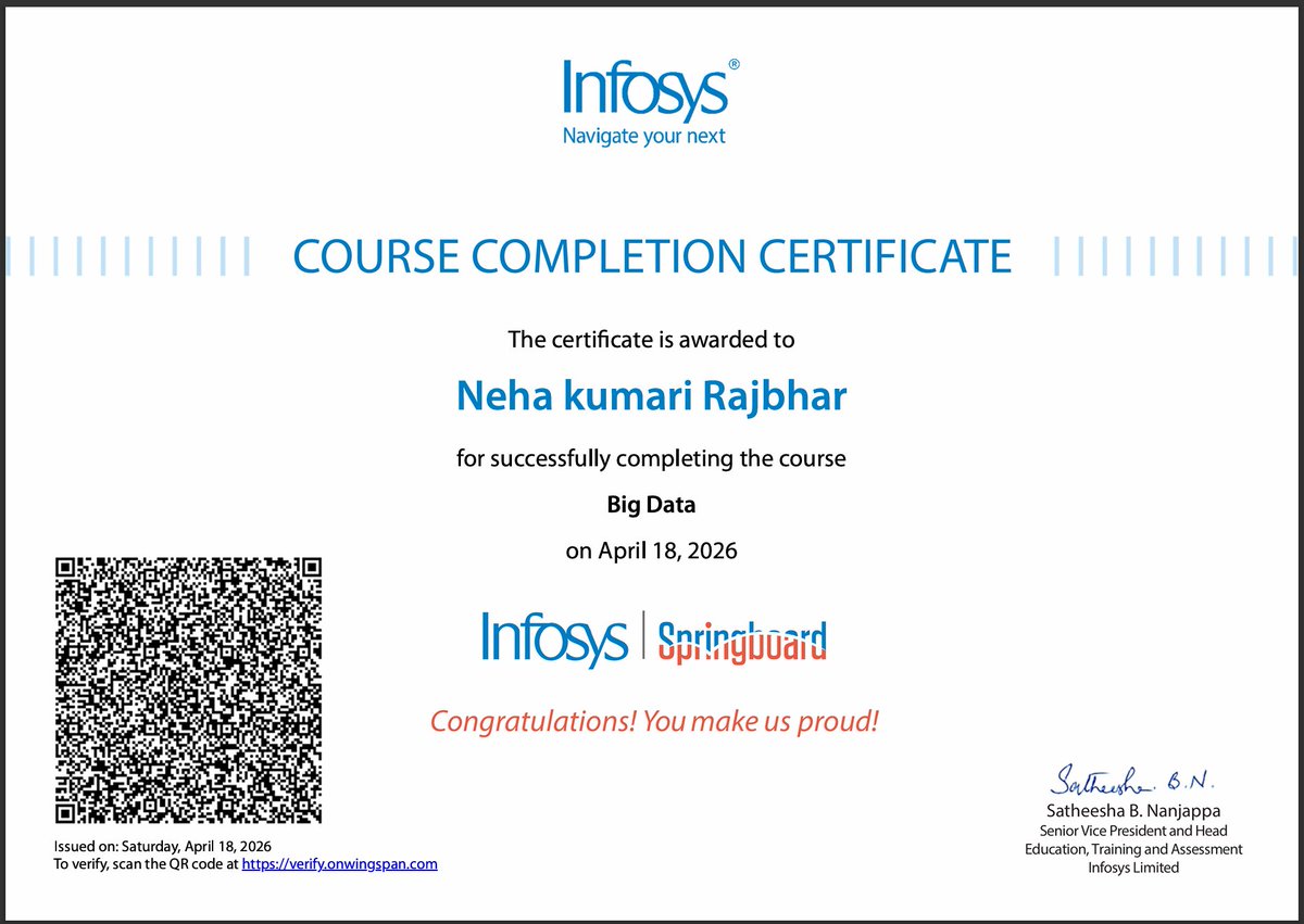 KumariRajb75219's tweet image. Completed courses from Infosys Springboard and earned certificates 🎉

Excel, Data Science, Cloud Technologies, and Big Data.
Excited to learn and grow more!

#DataScience #Cloud #BigData #Learning #InfosysSpringboard