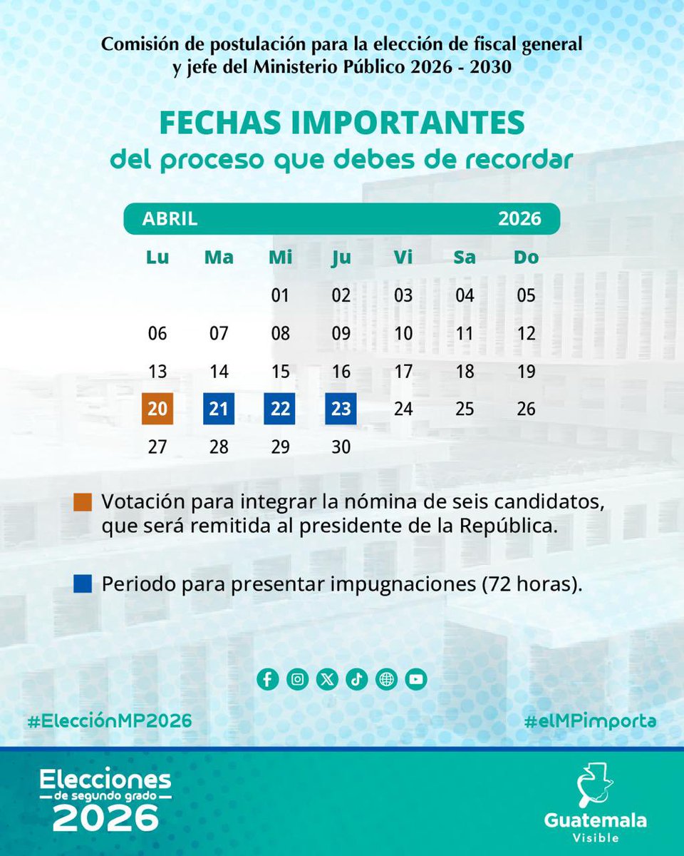 guatevisible's tweet photo. ⏰ Cambio en el cronograma

📌 La comisión de postulación para la elección de fiscal general y jefe del Ministerio Público actualizó su agenda.

🗳️ La votación para integrar la nómina de seis candidatos se realizará el lunes 20 a partir de las 13:00 horas.

#ElecciónMP2026
#elMPimporta