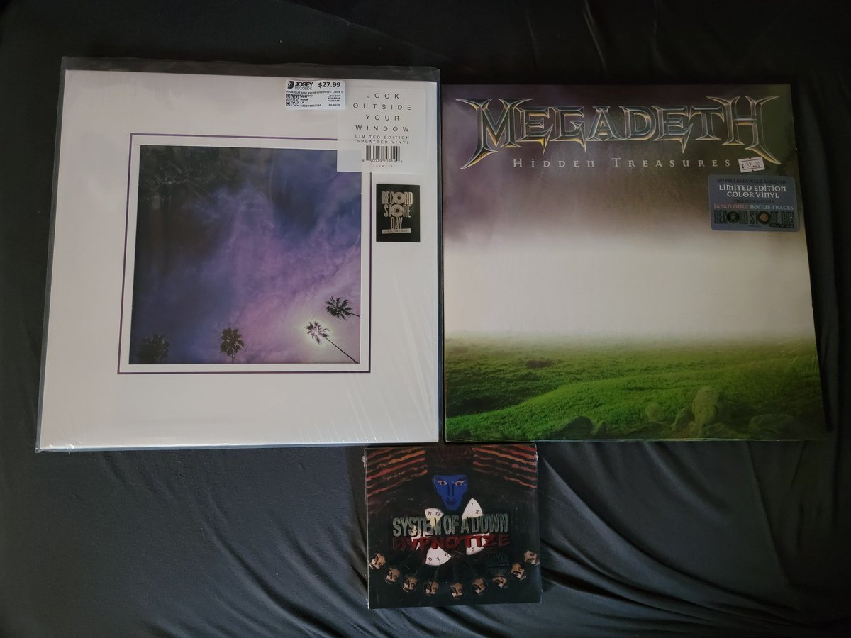 Downoninit's tweet image. Record Store Day haul: Look Outside Your Window l, Megadeth: Hidden Treasures and a cheap copy of System Of A Down: Hypnotize #lookoutsideyourwindow #megadeth #systemofadown