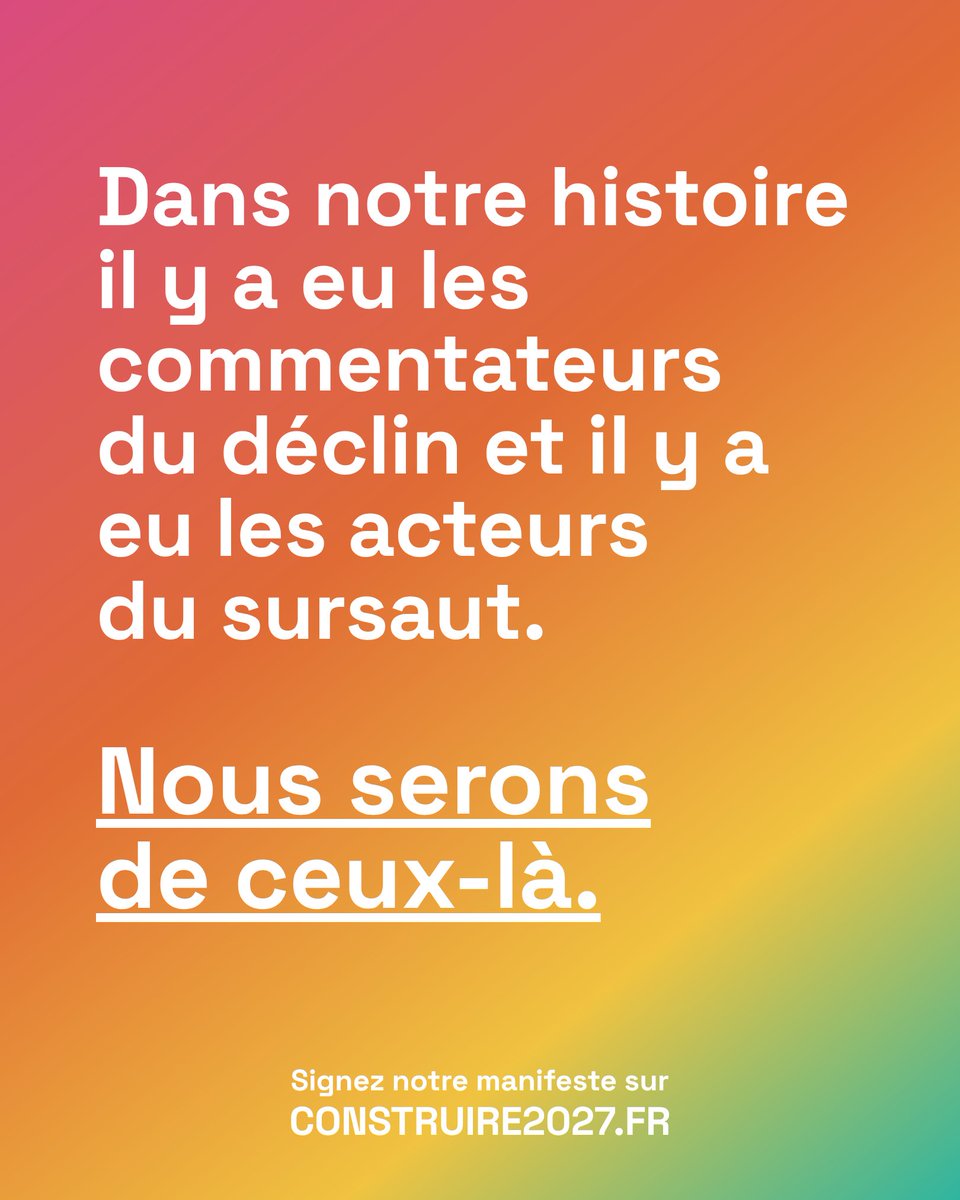 Nous ne jouons pas le coup d'après, nous voulons combattre maintenant, nous voulons convaincre maintenant, nous voulons gagner maintenant.

CONSTRUIRE un projet à vocation majoritaire
Construire2027.fr