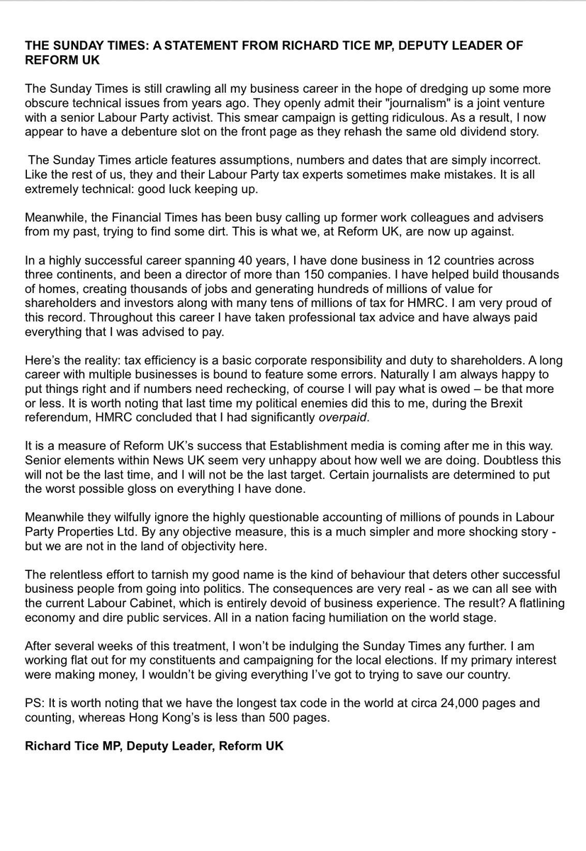 BREAKING: Following Sunday Times story about £100k of unpaid tax - following our stories re. £92k non-payment and £600k avoidance - Richard Tice now says he is "happy to put things right" and "if my numbers need rechecking, of course I will pay what is owed".

He also accuses The