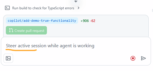 thinkdj's tweet image. @GitHubCopilot Feature Request: Please allow queuing of multiple messages instead of a "steer". Would be quite handy when working with agents on long running tasks. 
#featurerequest #githubcopilot #ux #ghcp
