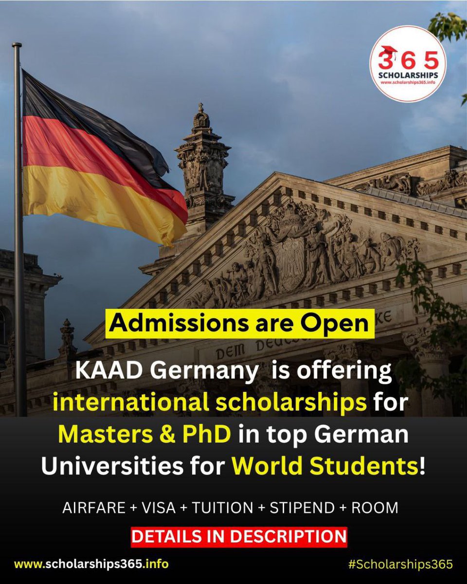 scholarship_365's tweet image. #Germany KAAD is offering Fully Funded Scholarships 2026 for Masters &amp;amp; PhD for world students in top German universities!

No Agent - Direct Apply

👉 Degree: Masters &amp;amp; PhD Degree Programs!

Benefits: Fully Funded
1) Airfare
2) Visa
3) Tuition
4) Stipend 
5) Medical

👉 Apply