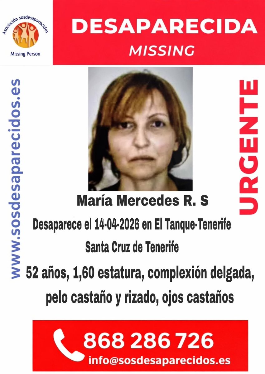 sosdesaparecido's tweet image. 🆘 DESAPARECIDA
#Desaparecido #Missing #España #Tenerife #SantaCruzdeTenerife
Fuente: sosdesaparecidos
Síguenos @sosdesaparecido