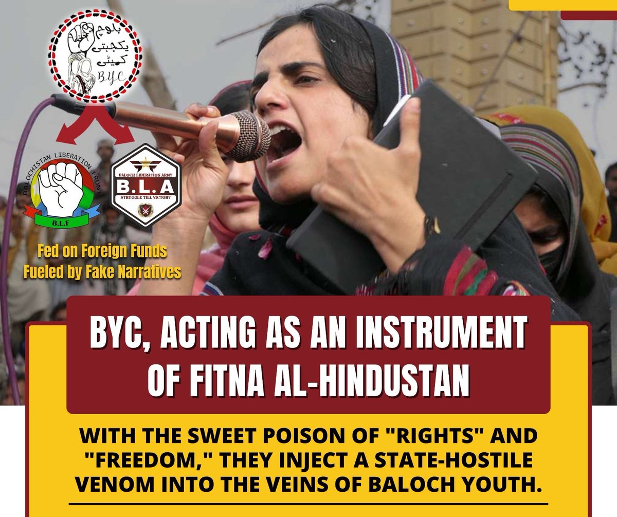 kakar_fati98543's tweet image. BYC, acting as an instrument of Fitna-ul-Hindustan With the sweet poison of “rights” and “freedom”, they infuse the poison of anti-state sentiment into the veins of Baloch youth.
#FCBalochistan #BYC