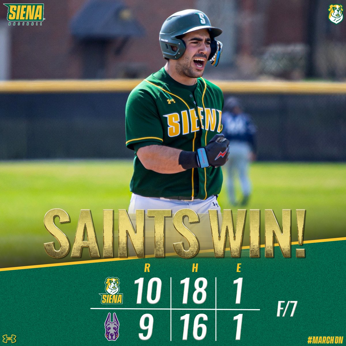 SienaBaseball's tweet photo. ⚾️ SERIES SQUARED 🆙

🐶 @Aidanparadine4 ▶️ 3 hits, go-ahead 2-run single in 6th
🐶 @nolan_puglisi2 (W) ▶️ 2.2 IP, 2 H, 0 R, 2 BB, career-high 6 K
🐶 Season-high tying 1⃣8⃣ hits ▶️ three Saints with 3-hit games

⏰ 9-inning nightcap on the way at 4:15 PM

#MarchOn x #SienaSaints https://t.co/Gj1XoxHyMa