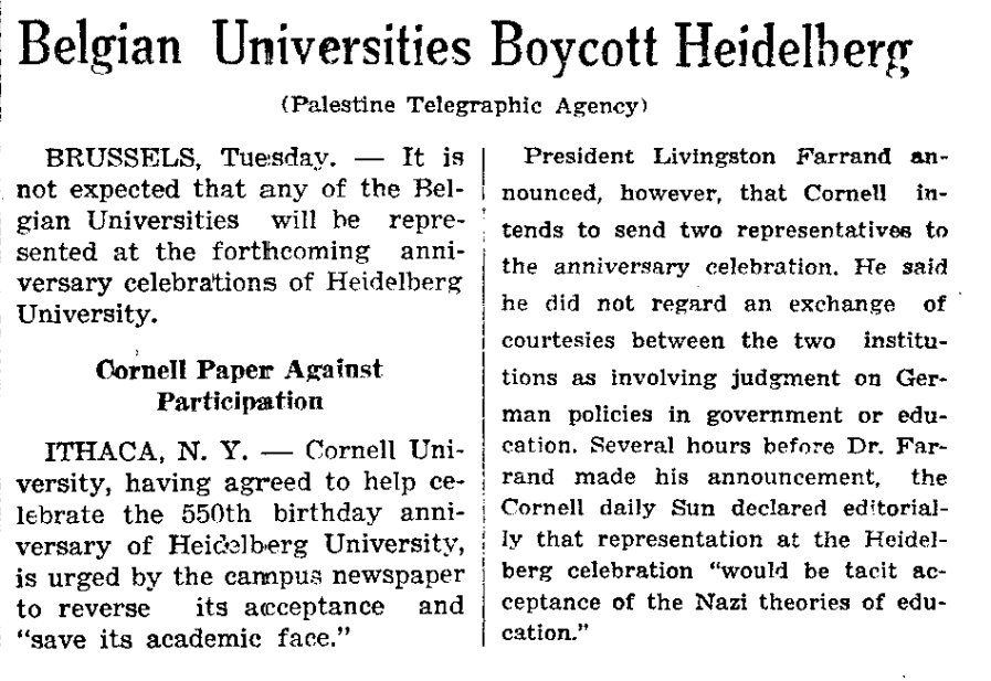 Pleased that Belgium is taking a strong stance against Nazi ruled Germany by boycotting Heidelberg University's 550th anniversary. 

Cornell University on the other hand tacitly accepts Nazi theories of education.