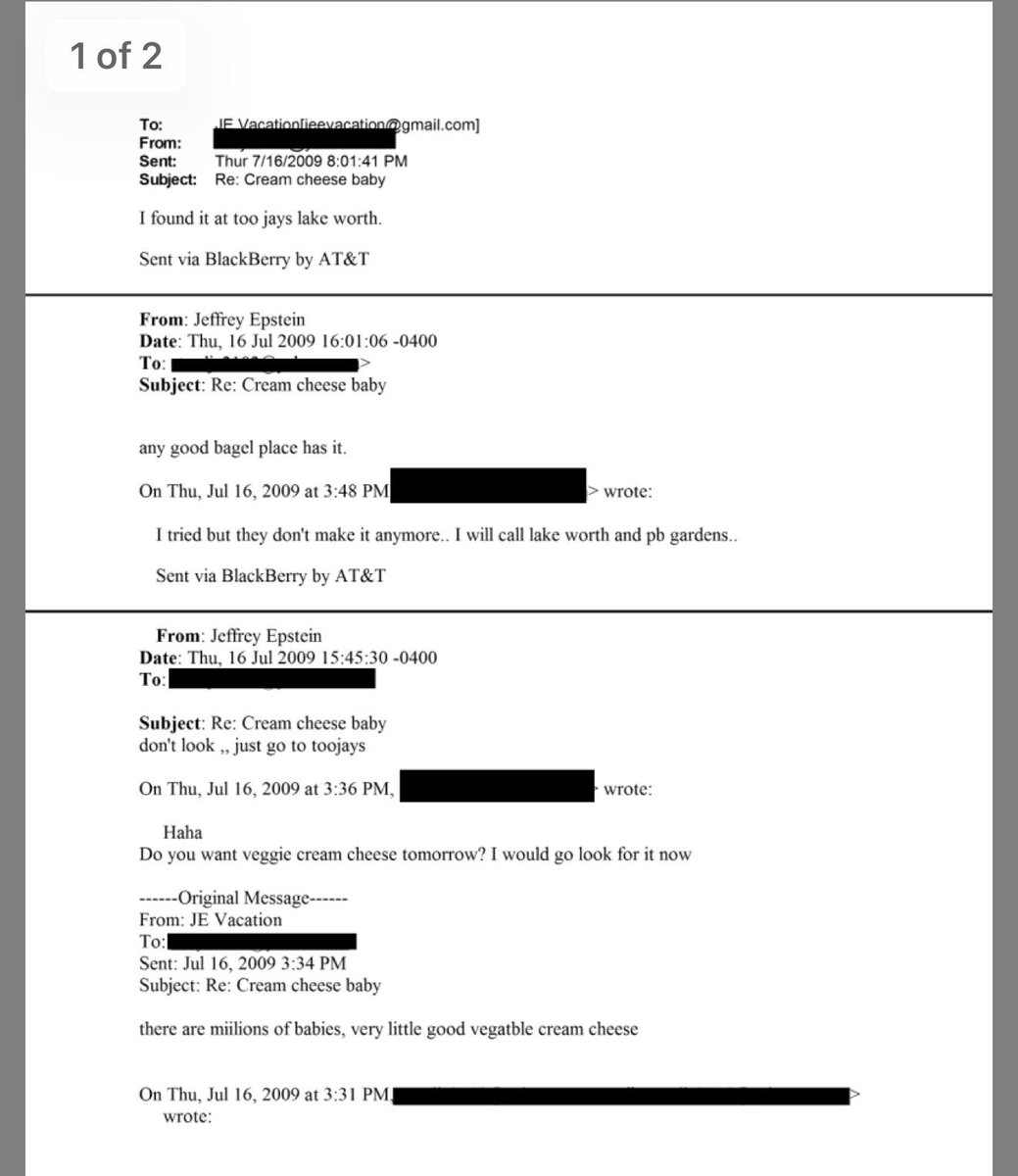 Epstein code words so far, these are just guesses and open to changing with new info:

White tuna = dead white woman
Cheese pizza, chicken parm = CP
Chicken soup = child sex
Hotdog = boy
Pizza = girl
Pasta = little boy
Cream cheese = newborn
Organic carrots = ginger girl
Pecorino