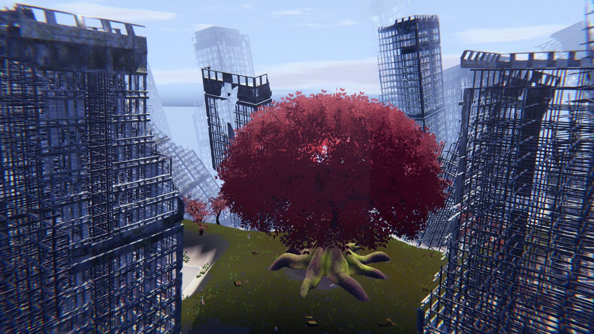 World: Peaceful Sleep ｜ NieR˸Automata Inspired
Author: Maruku／마루쿠  <a href="/Ma_ruku_/">마루쿠</a> 

This surreal city park feels like a total dream, with those giant tilted skyscrapers looming over bright red maple trees, scattered traffic signs, and patches of green grass under a sunny blue