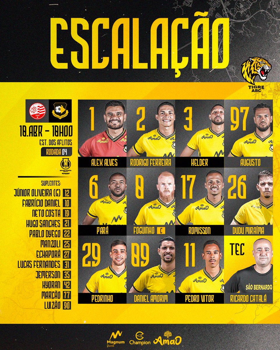 Definido! 🟨⬛️

O técnico Ricardo Catalá definiu o time que vai a campo para enfrentar o Náutico. 

Confira a escalação! 🐯

#SãoBernardo #Escalação